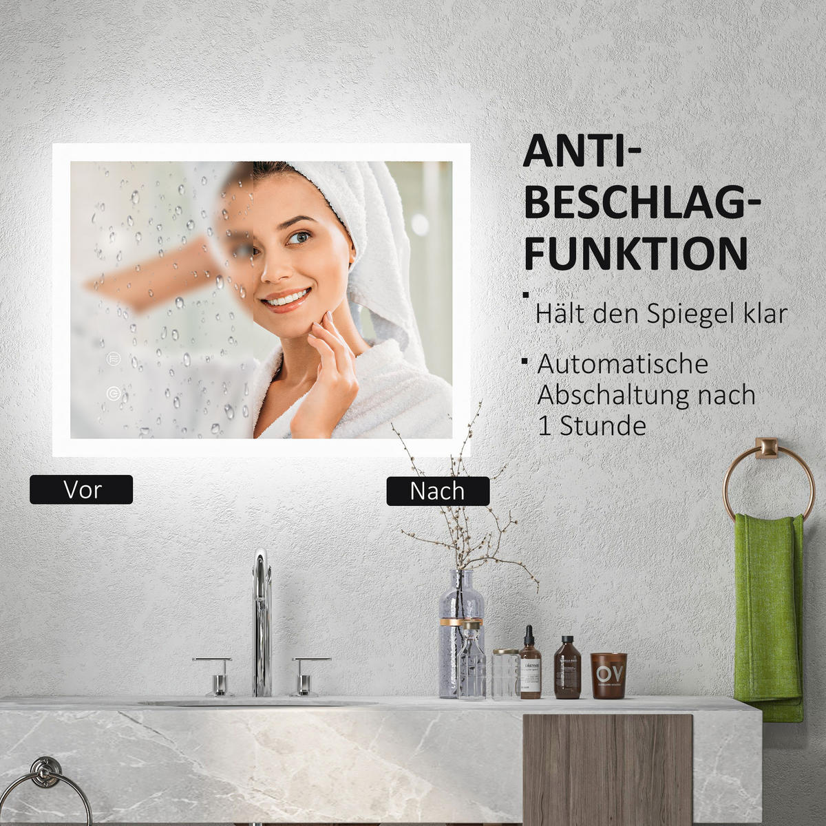 BADSPIEGEL, Badezimmerspiegel mit LED-Beleuchtung, Memory-Funktion, 70 x 50 cm - Silberfarben, Glas (50/3/70cm) - Kleankin