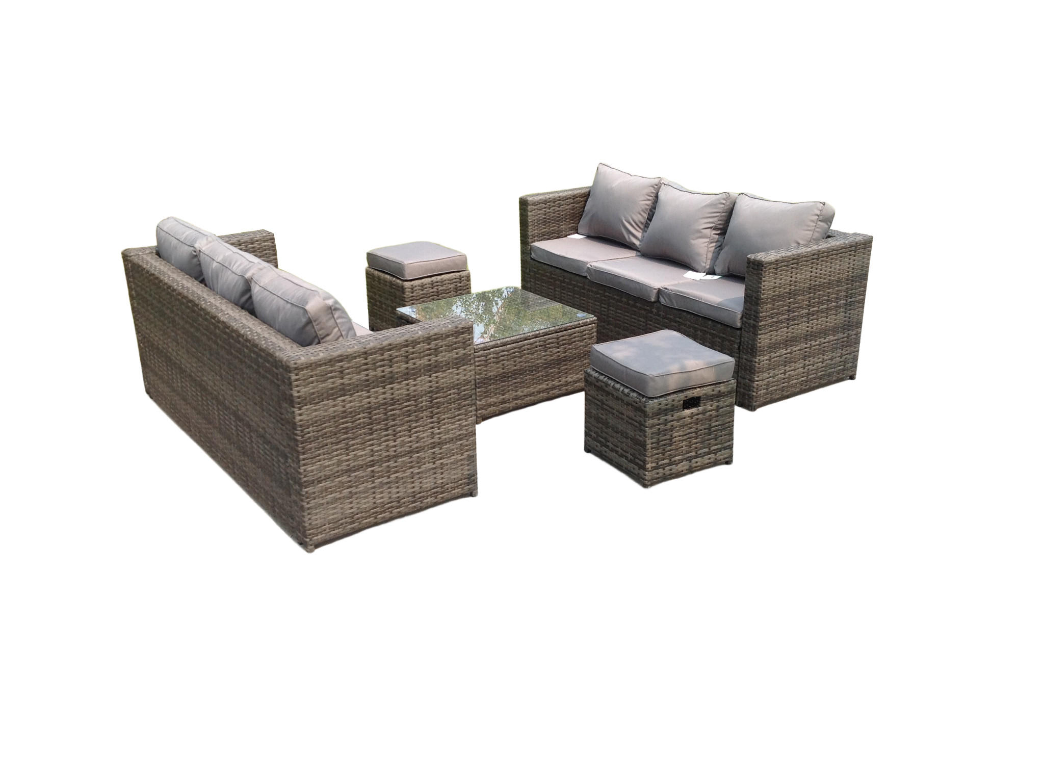 GARTENMÖBELSET mit Couchtisch Polyrattan 8-Sitzer - Dunkelgrau/Grau, Glas/Kunststoff - Fimous