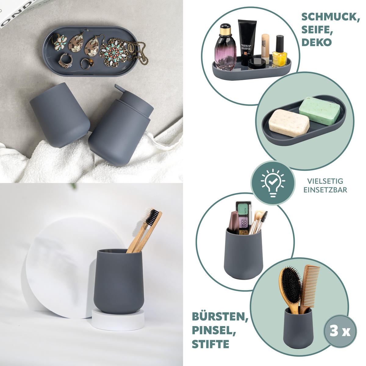 BAD-ACCESSOIRES-SET TESERO 5tlg., Soft-Touch, grau - Grau, Kunststoff (8.5/12/9cm) - eluno
