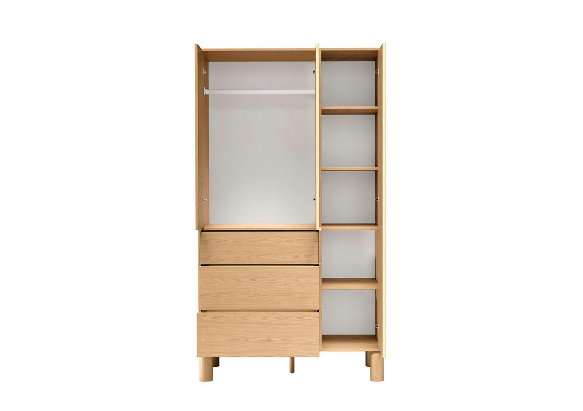 KLEIDERSCHRANK Sanden Ecihe, dreitürige Drehtürenschränk mit Schubladen - Eichefarben, Holzwerkstoff (110/197/55cm) - Bettso