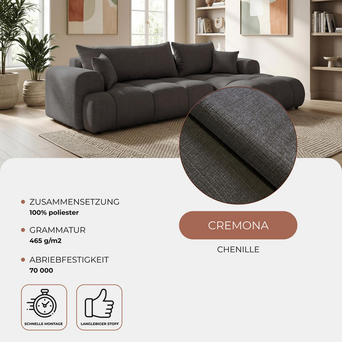 ECKSOFA MILANO mit Schlaffunktion und Bettkasten Dunkelgrau - Dunkelgrau, Holzwerkstoff/Kunststoff (250/90cm) - Idohome
