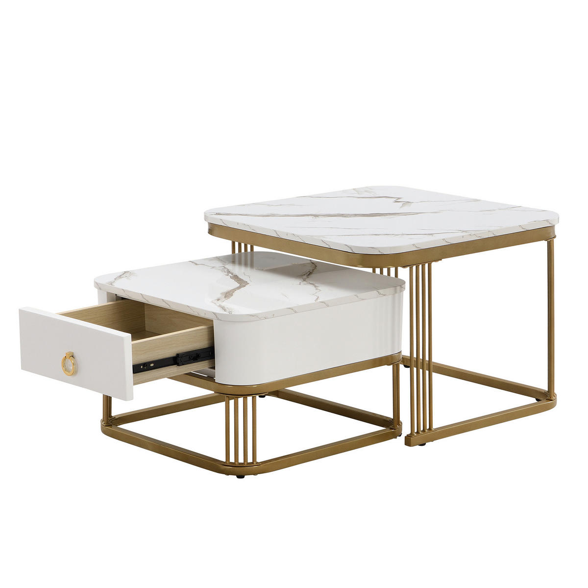 KONFERENČNÍ stolek 60/60/45 cm bílý a zlatý z MDF s mramorovým dekorem a zásuvkou - bílá/zlatá, kompozitní dřevo (60/60/45cm) - OKWISH