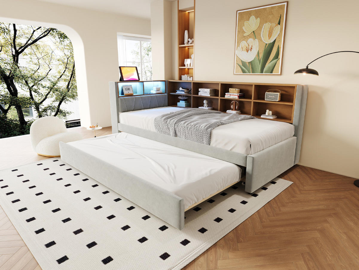 BETT 90/200 cm Hellgrau aus Flanell mit Bett, LED und Stauraum - Hellgrau, Textil (90/200cm) - OKMYHOME
