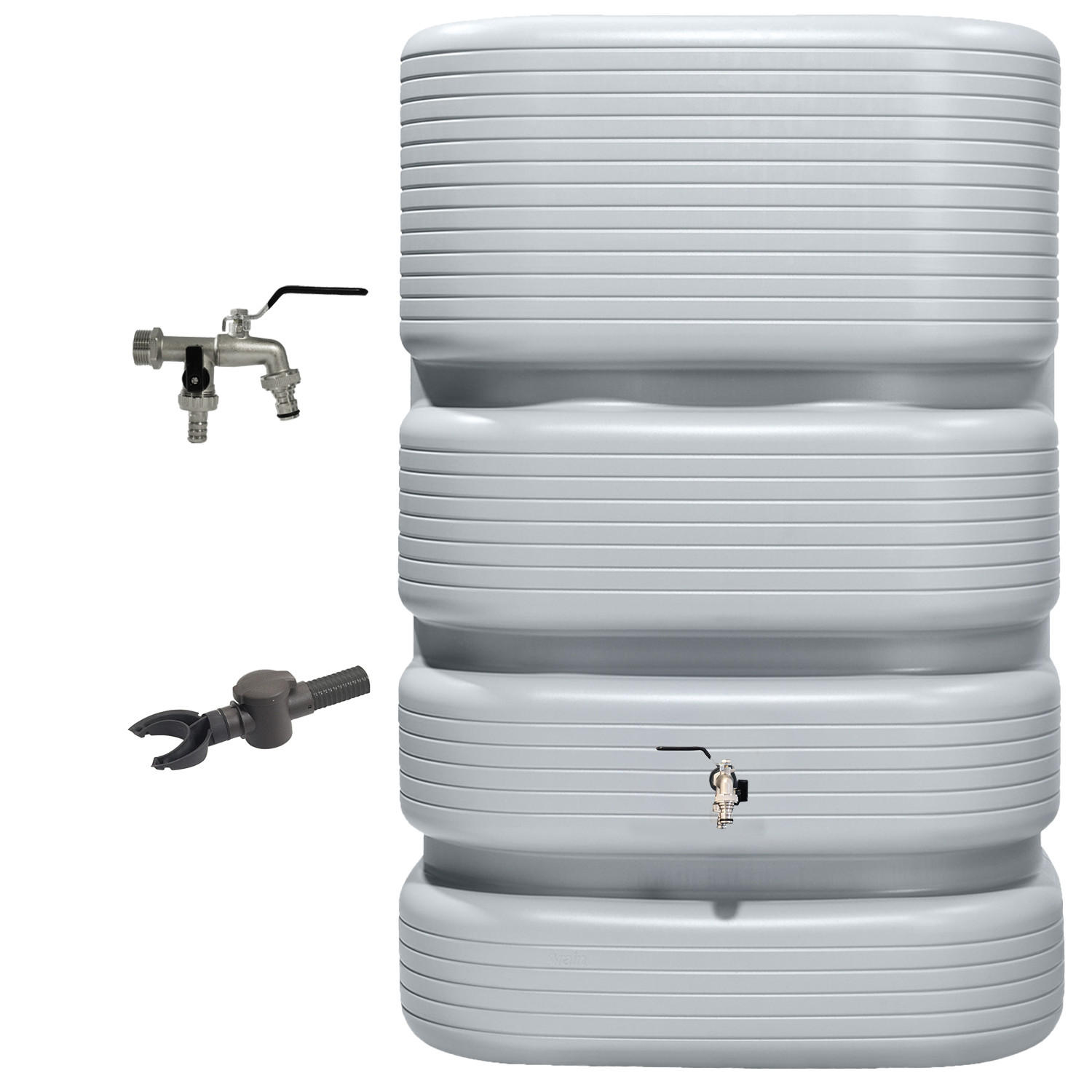 REGENTONNE Wandtank Komplett-Set 500 L, betongrau inkl. Chrom-Doppelauslaufhahn und Fallrohranschluss - Grau, Kunststoff (62/122/80cm) - 4rain