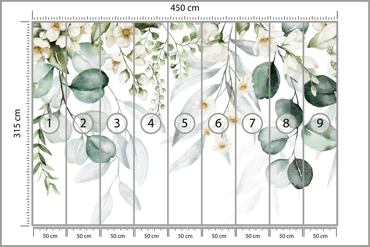 FOTOTAPETA Pre Spálňu Akvarel Listy Kvety Biela 450 x 315 cm - žltá/biela, papier (450/315cm) - Muralo