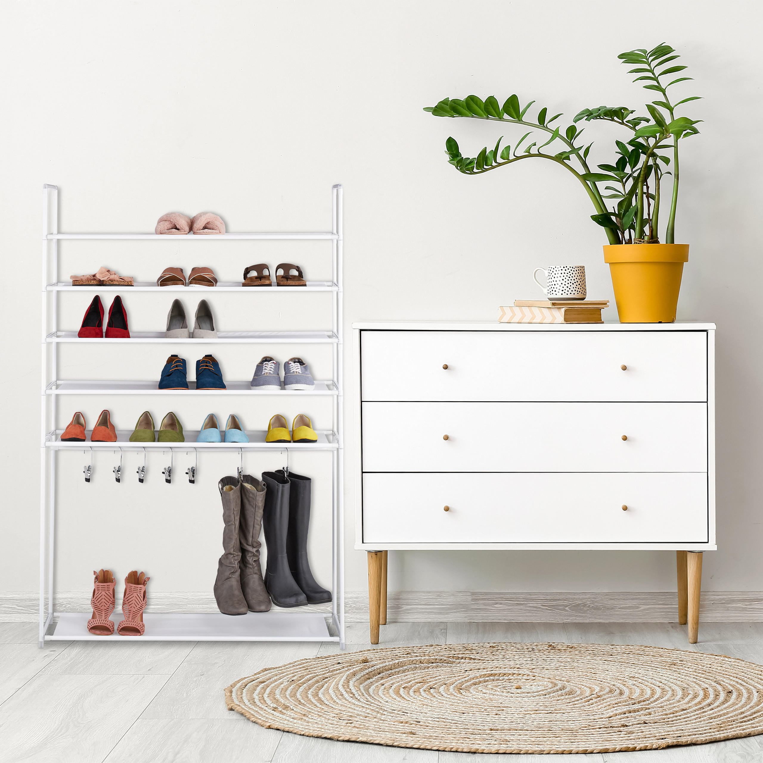SCHUHREGAL - Weiß, Kunststoff/Textil (99/153/30cm) - Relaxdays