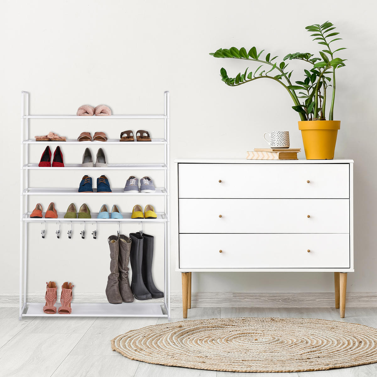 SCHUHREGAL - Weiß, Kunststoff/Textil (99/153/30cm) - Relaxdays