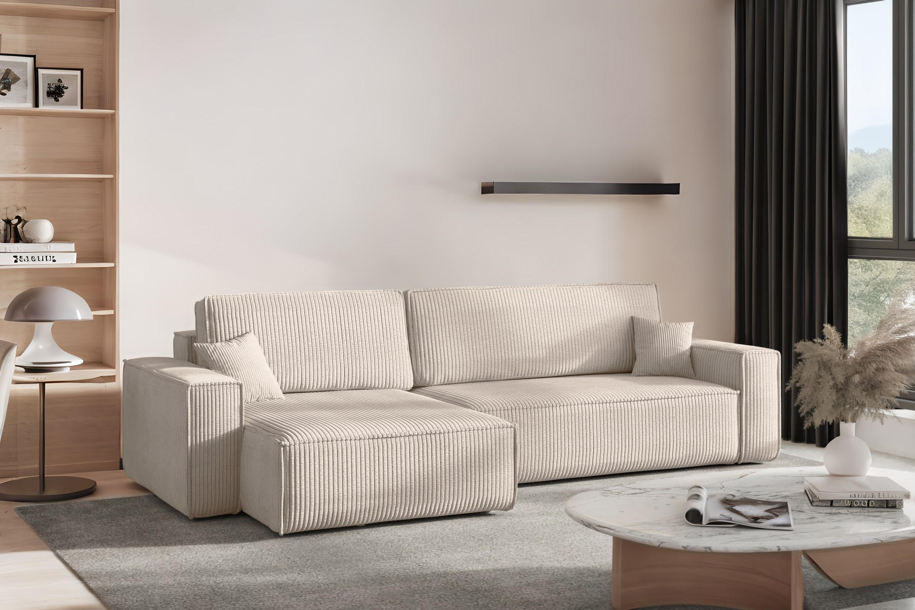 ECKSOFA Mit Schlaffunktion Und Bettkasten, Eckcouch BEST XL Stoff Poso Dicker Cord Beige Links - Creme/Schwarz, Holz/Kunststoff (142/274cm) - Kaiser Möbel