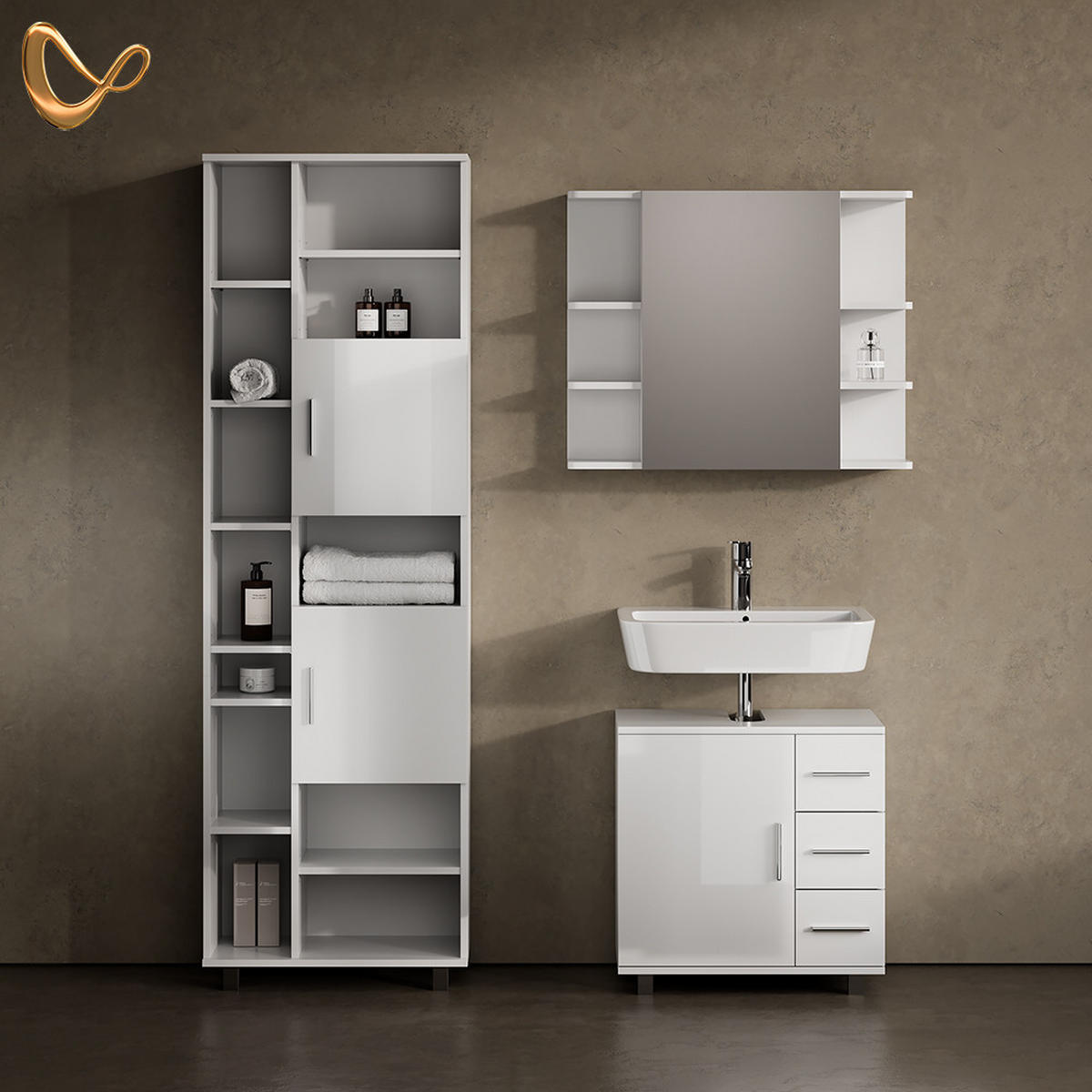 BADSCHRANK Eisak Weiß Hochglanz 60 x 190 cm - Weiß Hochglanz/Weiß, Holzwerkstoff (60/190/30cm) - Livinity®