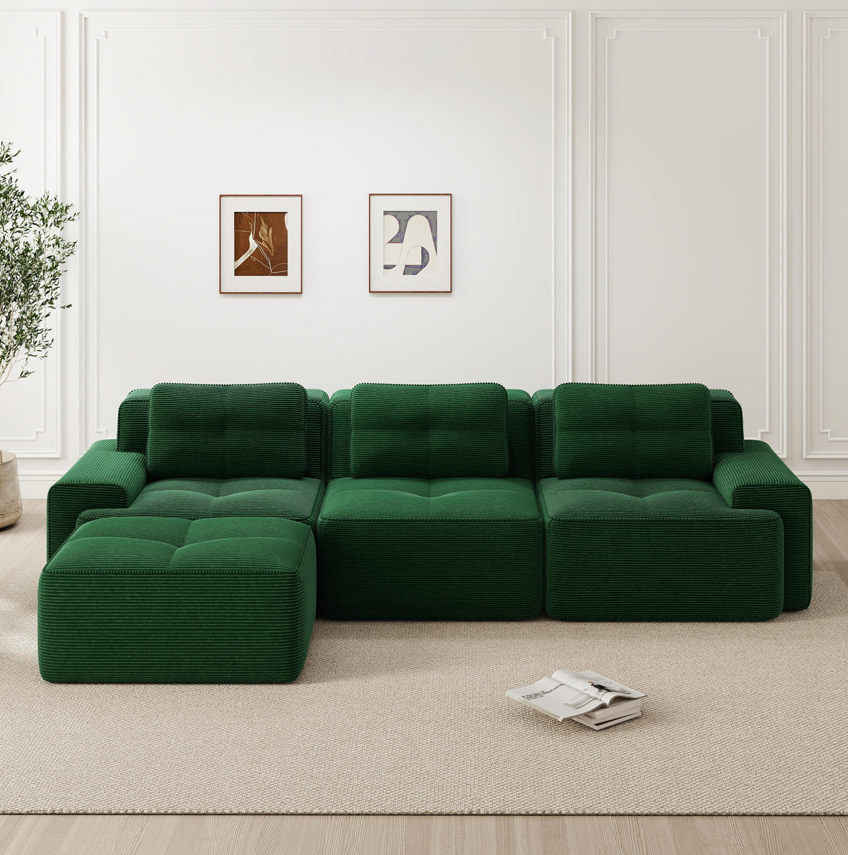 MODULARES Ecksofa aus Cord in Grün 293x177x69 cm mit Ottomane, tiefem Sitz und breiten Armlehnen - Grün, Textil (177/293cm) - IVMEU