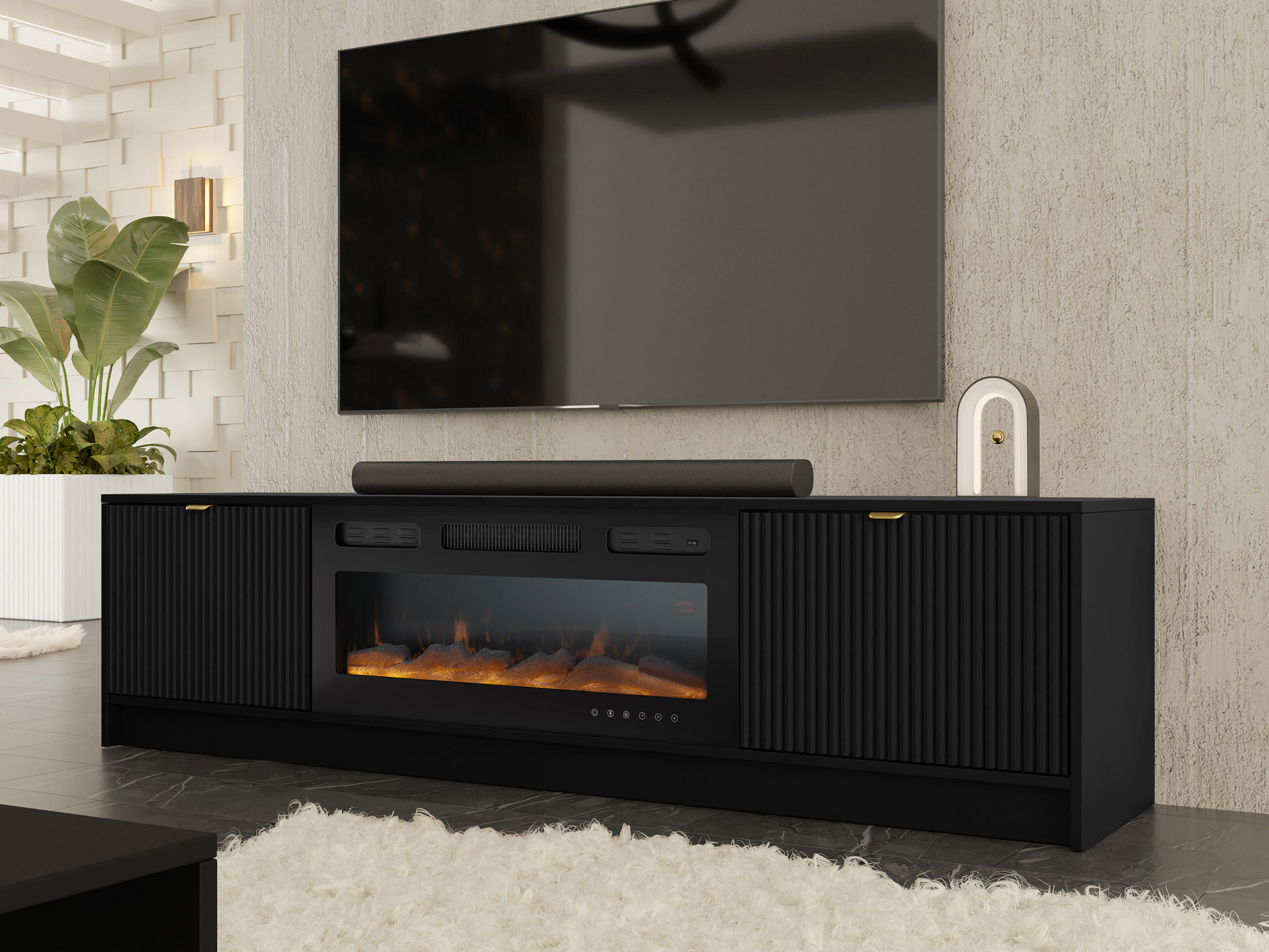 TV-LOWBOARD Tireno EF mit Elektrische Kamin - Goldfarben/Schwarz, Holzwerkstoff/Metall (182/48/40cm) - MIRJAN24