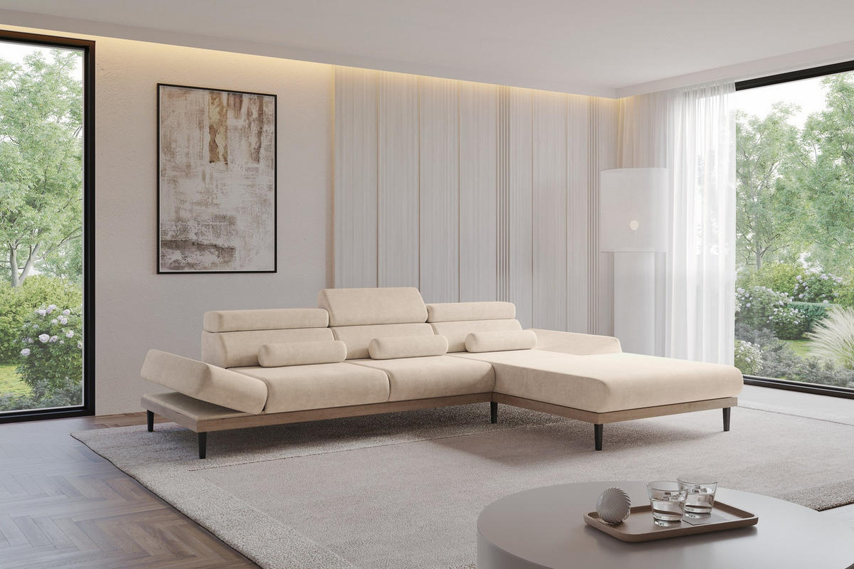 ELEKTRISCHES ECKSOFA Rechts MONA 316x205x85 Beige Velours - Sahara, Holzwerkstoff/Textil (316/205cm) - ALTDECOR