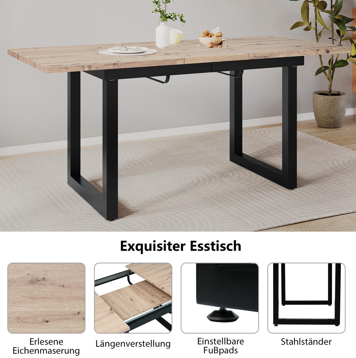 ESSTISCH ausziehbar Industrial-Stil MDF Schwarz + Natural - Schwarz, Metall (180/80/75cm) - Meubliv