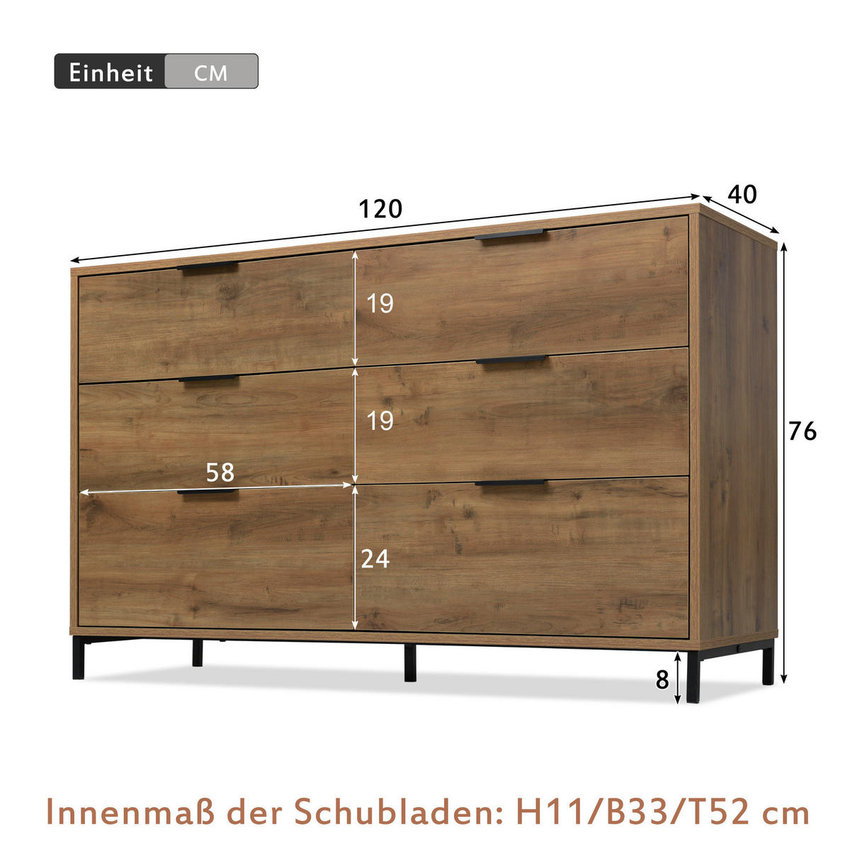KOMMODE aus Spanplatte 120x40x76 cm Dunkle Eiche mit 6 Schubladen und Metallgestell - Nussbaumfarben, Holzwerkstoff (120/76/40cm) - Modfu
