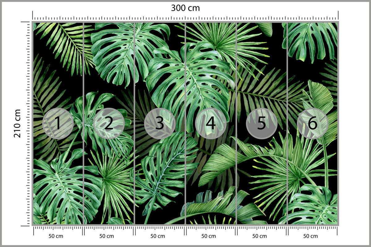 FOTOTAPETE für Schlafzimmer Exotische Grüne Monstera Palmen 300x210 - Schwarz/Grün, Papier (300/210cm) - Muralo