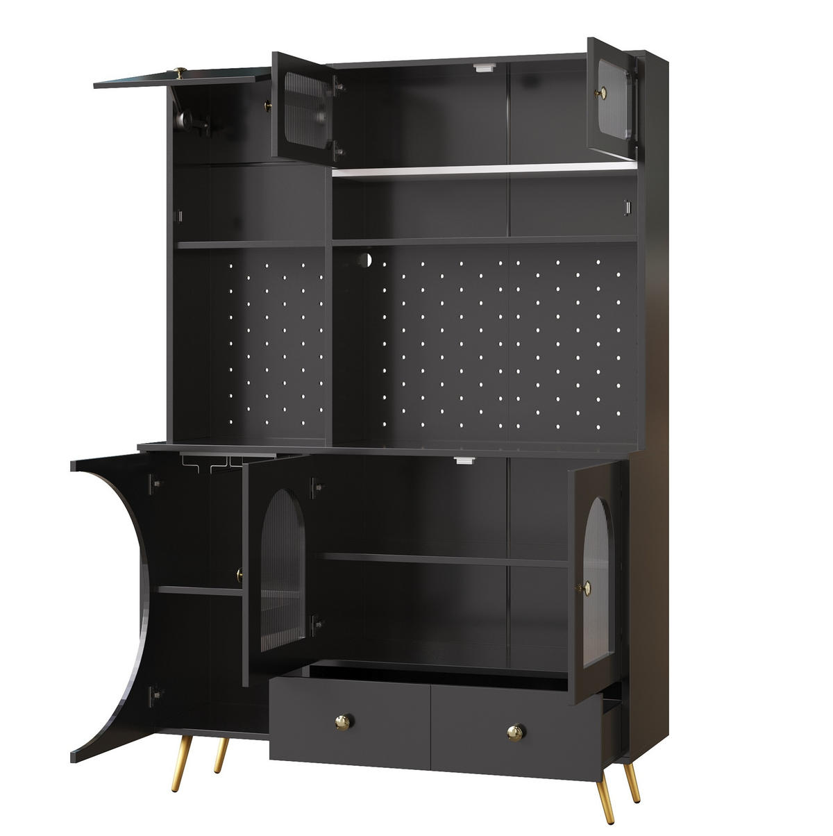 ANRICHTE Küchenschrank 120/40/176 cm aus MDF und Glas mit LED-Beleuchtung und Steckdosenleiste Schwarz - Schwarz, Holzwerkstoff (120/176/40cm) - Modenvie