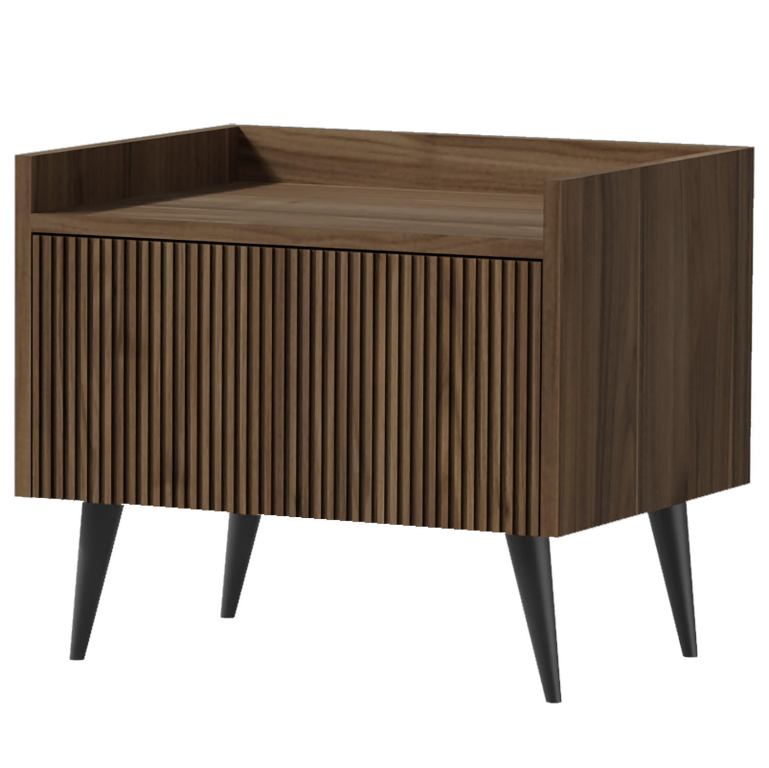 NACHTTISCH Amfali mit 1 Tür, geriffelte Fronten, Push-to-open, Metallbeine, 52 cm, Walnussfarben - Walnussfarben/Schwarz, Holzwerkstoff/Metall (52/45/41cm) - Beautysofa