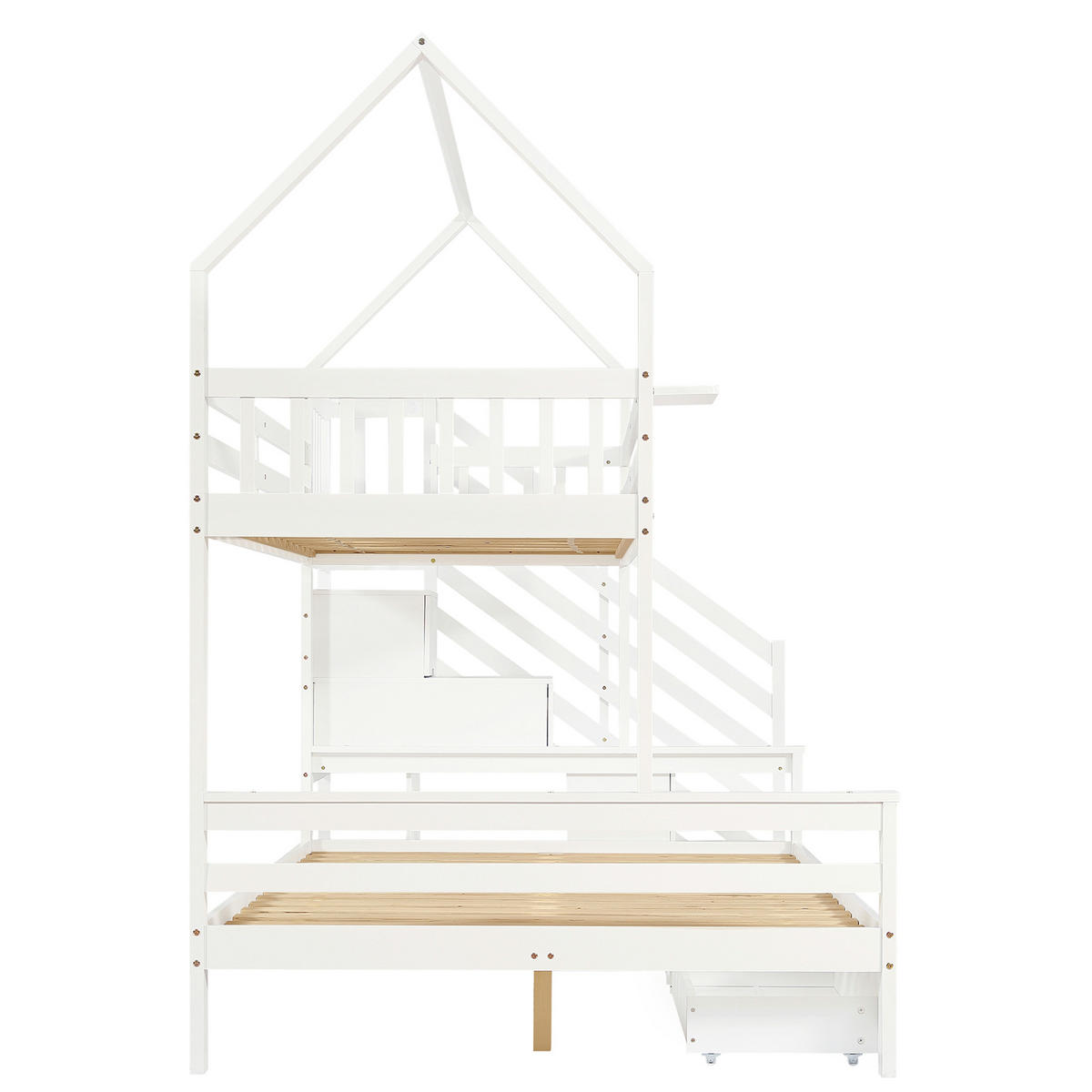ETAGENBETT 90/200 cm & 140/200 cm in Weiß mit 2 Schubladen, Treppenschrank und Dachdesign - Weiß, Holz/Holzwerkstoff (140/200cm) - CHICFURN