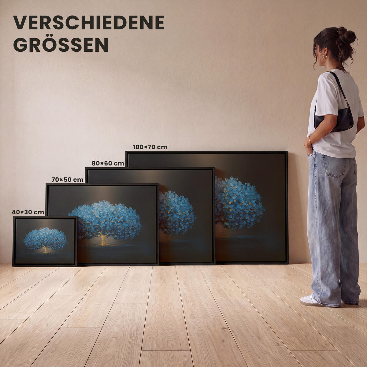 LEINWAND Bilder mit Rahmen - Baum - Blau - Blätter - Pinselstriche - 100x70 - Blau, Textil (100/70cm) - MuchoWow