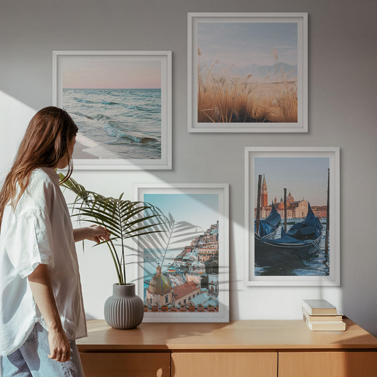 BILDER SET 4er Set - 50x50 cm & 40x60 cm Weißer Rahmen - Meerblick von Venedig - Weiß, Kunststoff (50/50cm) - TULUP