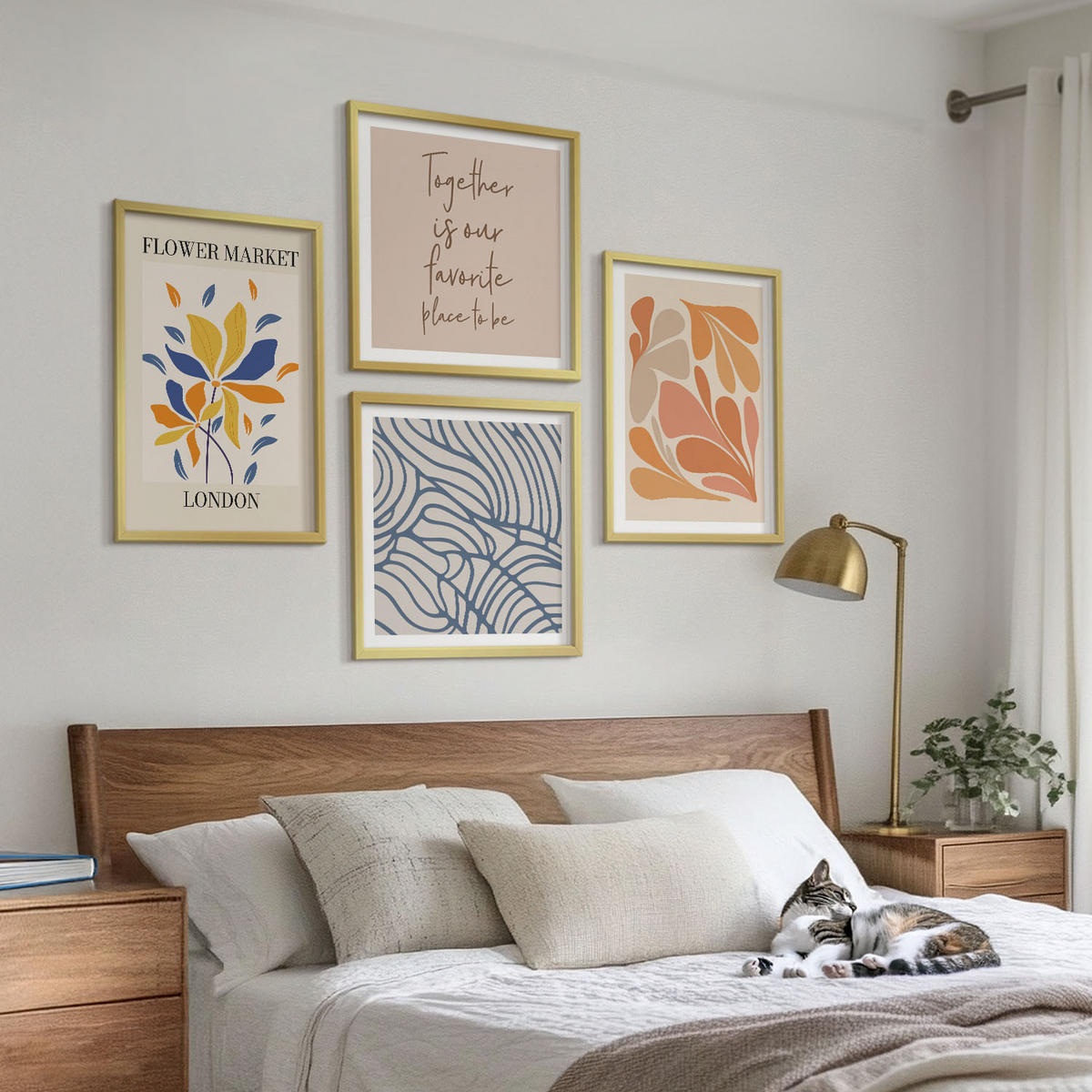 WANDBILDER 4er Set - 50x50 cm & 40x60 cm Goldrahmen - Moderne abstrakte Blumen - Goldfarben, Kunststoff (50/50cm) - ArtPrintCave