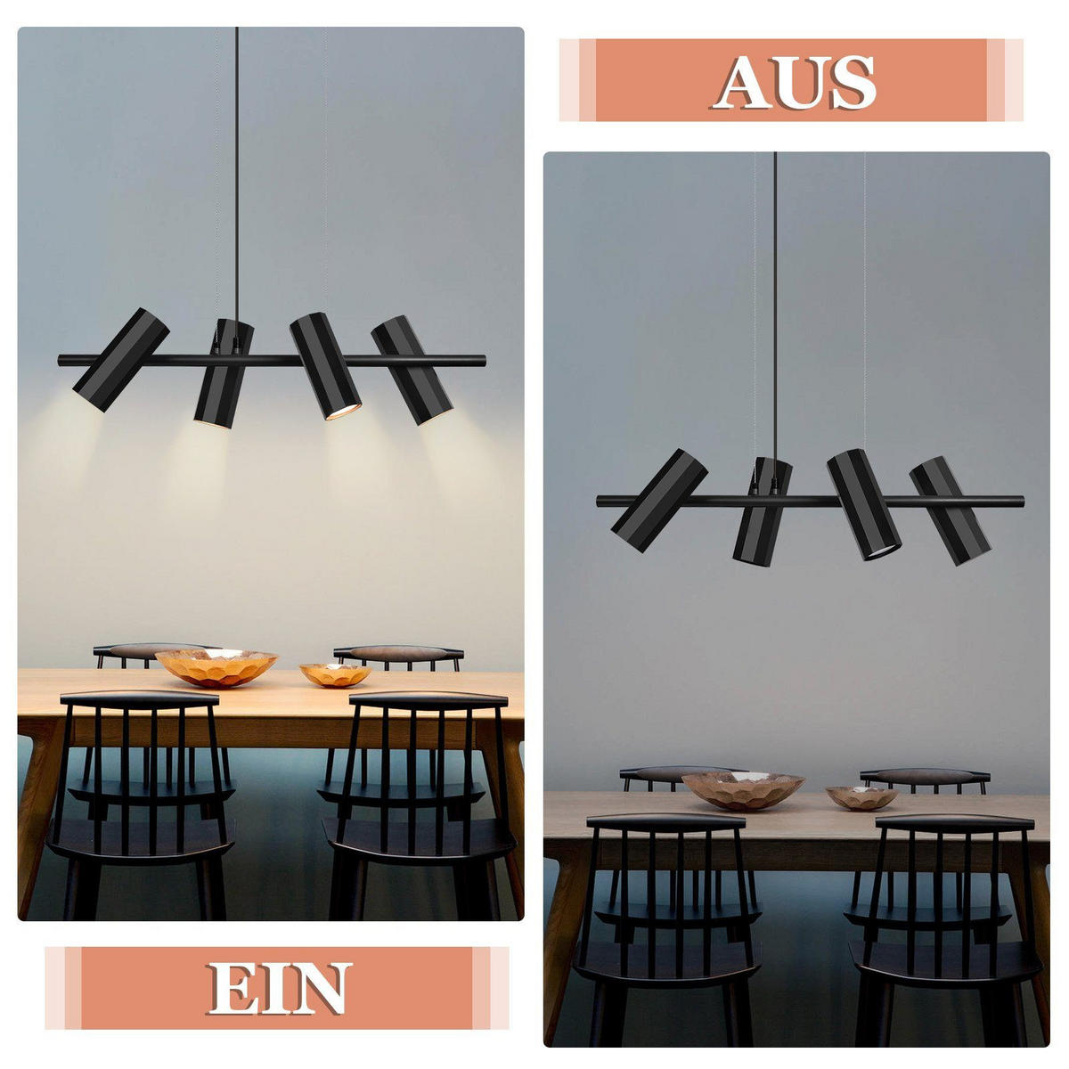 HÄNGELEUCHTE Stärke 4-flammig 66/6/170 cm - Schwarz, Metall (66/6/170cm) - Nettlife