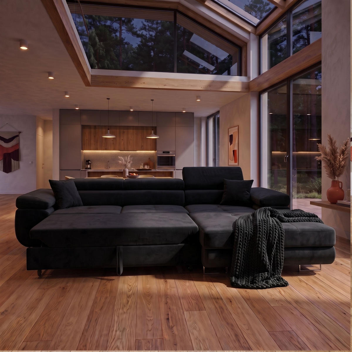 ECKSOFA ALONZO L Rechts mit Schlaffunktion 125x195 Velours Schwarz - Silberfarben/Schwarz, Holz/Textil (203/275cm) - Muffo