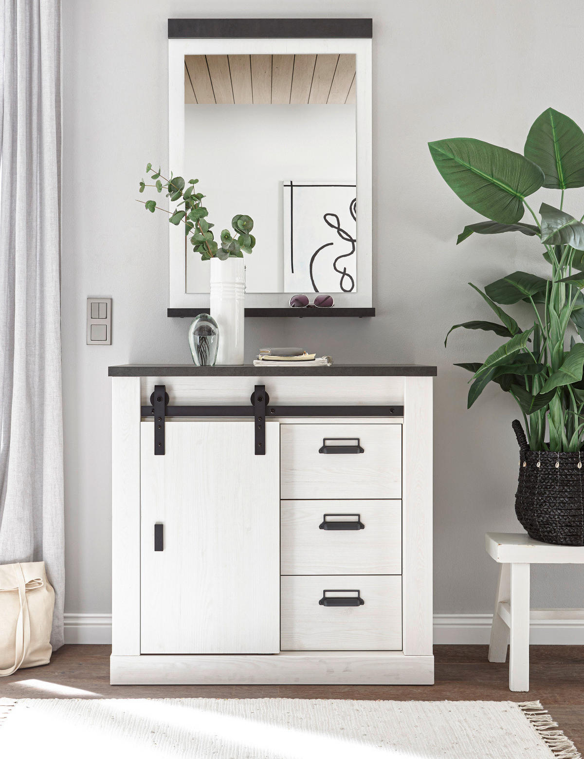 KOMMODE weiß Pinie, anthrazit, Landhaus, Sideboard 93 x 91 cm - Anthrazit/Weiß, Holzwerkstoff/Metall (93/91/43cm) - Furn.Design
