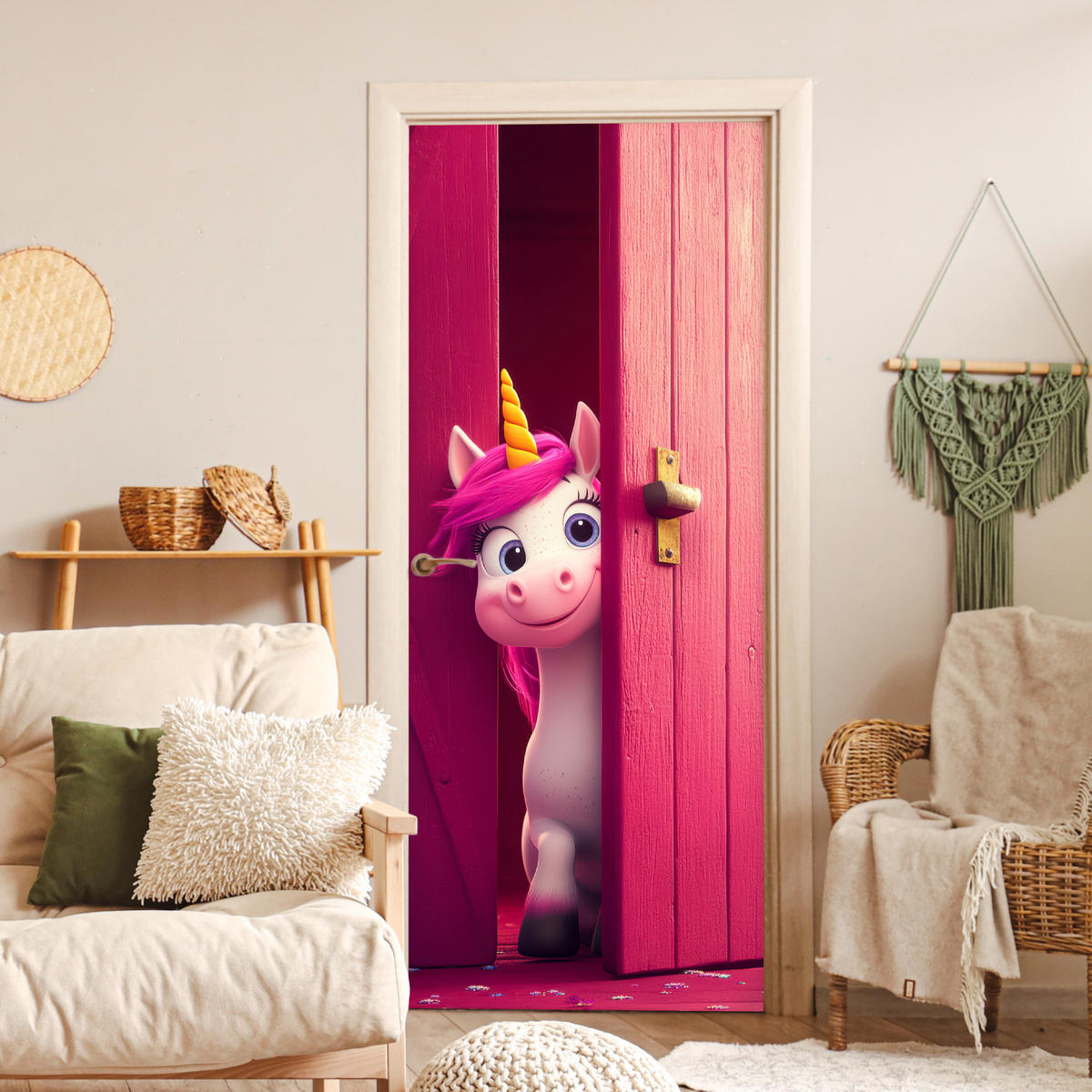 TÜRAUFKLEBER Selbstklebend - Einhorn - Rosa - Tür - Fantasie 95x215 cm - Türtapete - Pink, Kunststoff (95/0.1cm) - MuchoWow