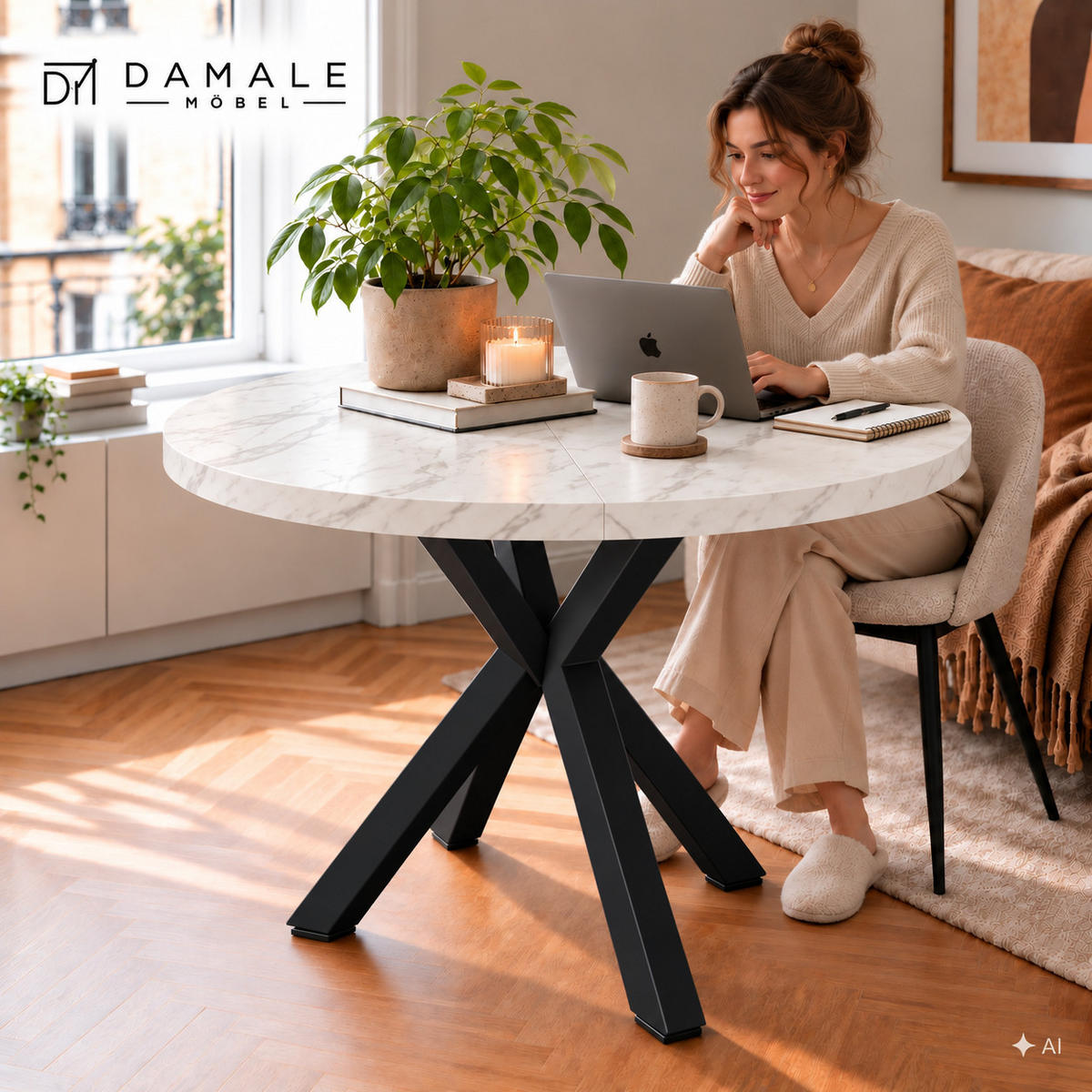 ESSTISCH rund ausziehbar 110/310/76 cm, Marmoroptik, 54 cm Tischplatte + X Metallbeine Schwarz - Weiß/Grau, Holzwerkstoff/Metall (110/310/76cm) - Damale Möbel