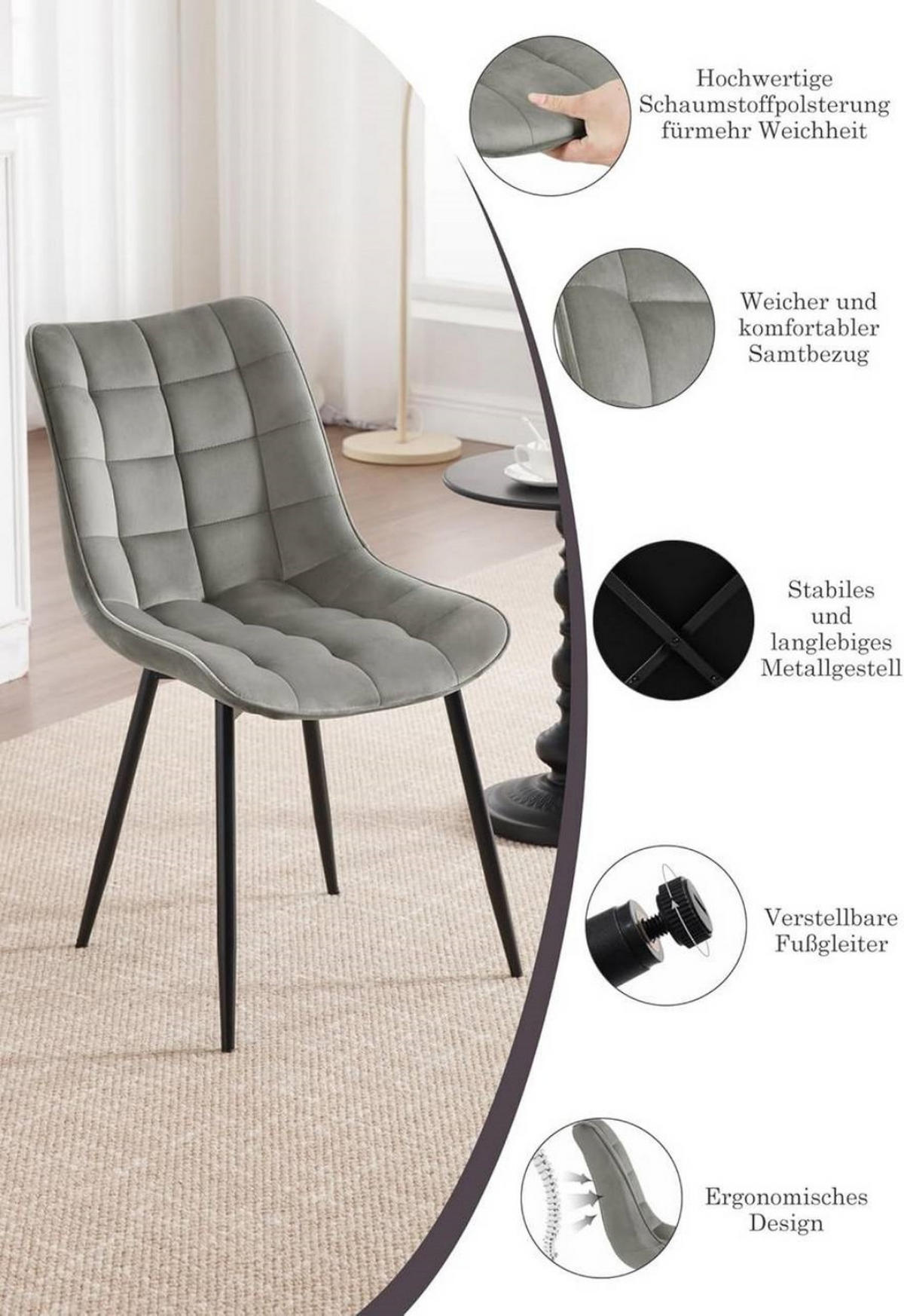 ESSZIMMERSTUHL 2er Set, Samt, Metallbeine, Hellgrau - Hellgrau/Schwarz, Textil/Metall (46/85.5/40.5cm) - Woltu