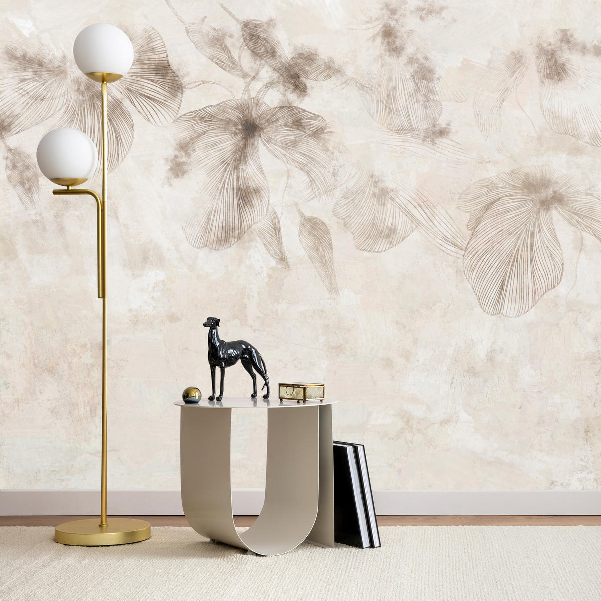 FOTOTAPETE für Wohnzimmer Boho Blumen auf Beton Natur Vintage 250x175 - Beige/Braun, Papier (250/175cm) - Muralo