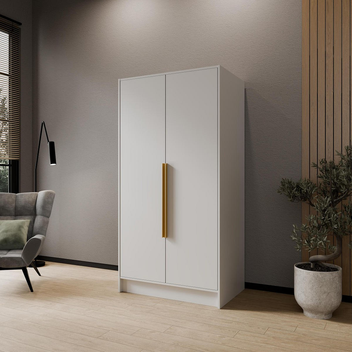 DREHTÜRENSCHRANK Pavia ohne Spiegel, Weiß mit mit goldenen Griffen, 100 cm - Goldfarben/Weiß, Holzwerkstoff (100/200/51cm) - Beautysofa