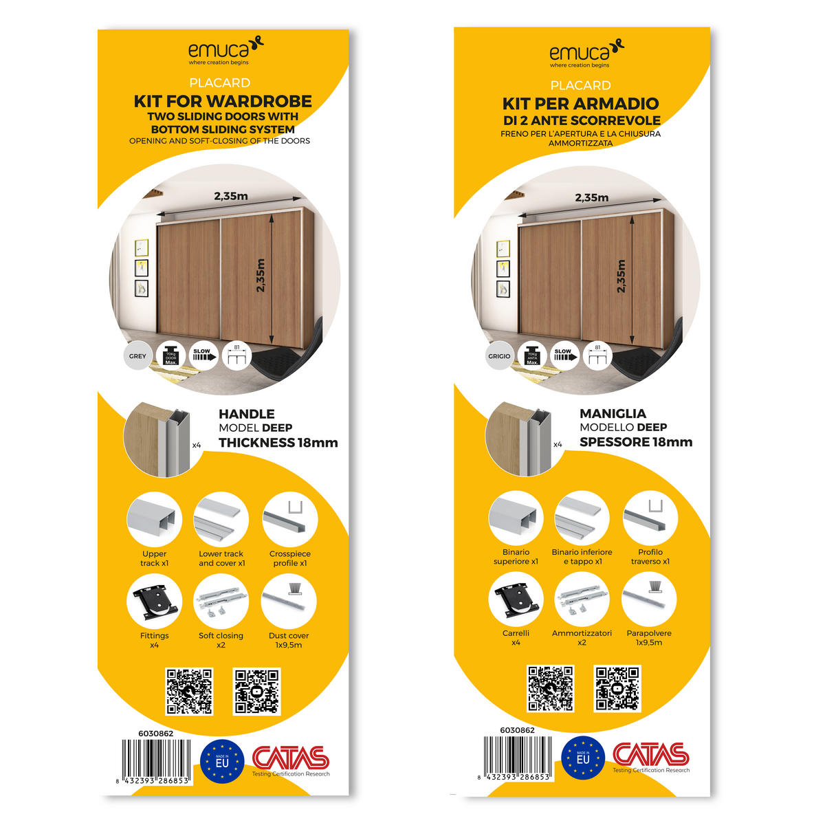 BESCHLAGSET für Placard 81 2 Schiebetüren Schrank mit sanftem Schliessen, Tiefes Profil, 18mm stark, Paneele nicht inbegriffen, Matt eloxiert - Dunkelgrau, Metall (8/6/235cm) - EMUCA
