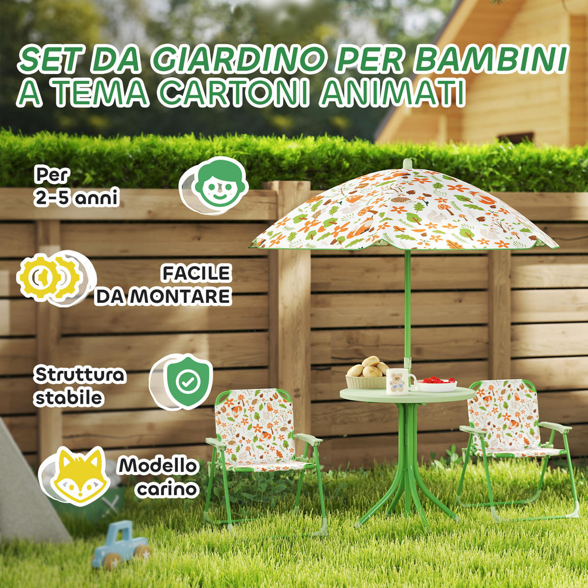 GARTEN-SET, Kinder-Set für 2–5 Jahre mit Tisch und Stühlen, Grün - Multicolor, Holzwerkstoff - FORIOUS