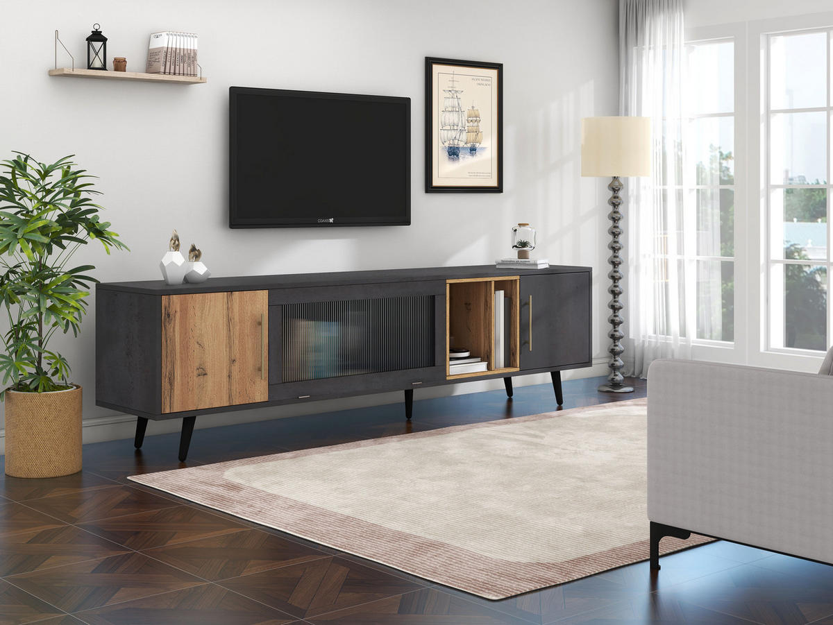 TV-MÖBEL Schwarz und Grau 200/40/55,5 cm - Schwarz, Holz (40/55.5/200cm) - Urban Meuble
