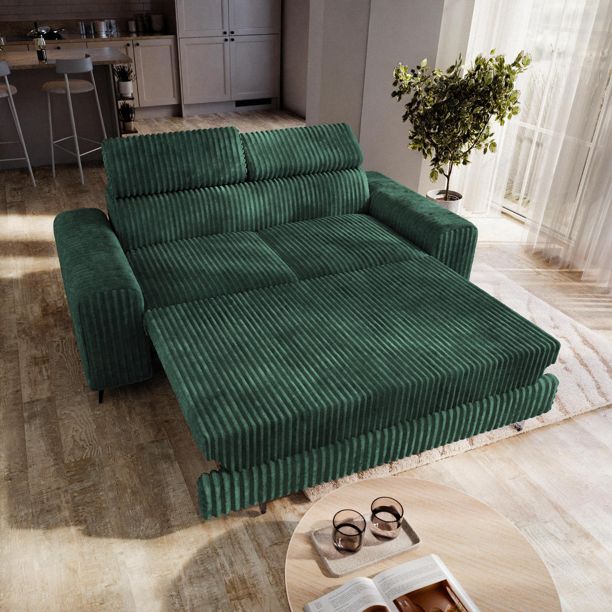 BETTSOFA BENETE Grün Cordstoff mit Schlaffunktion - Grün, Holz/Textil (191/89/92cm) - MASSENO