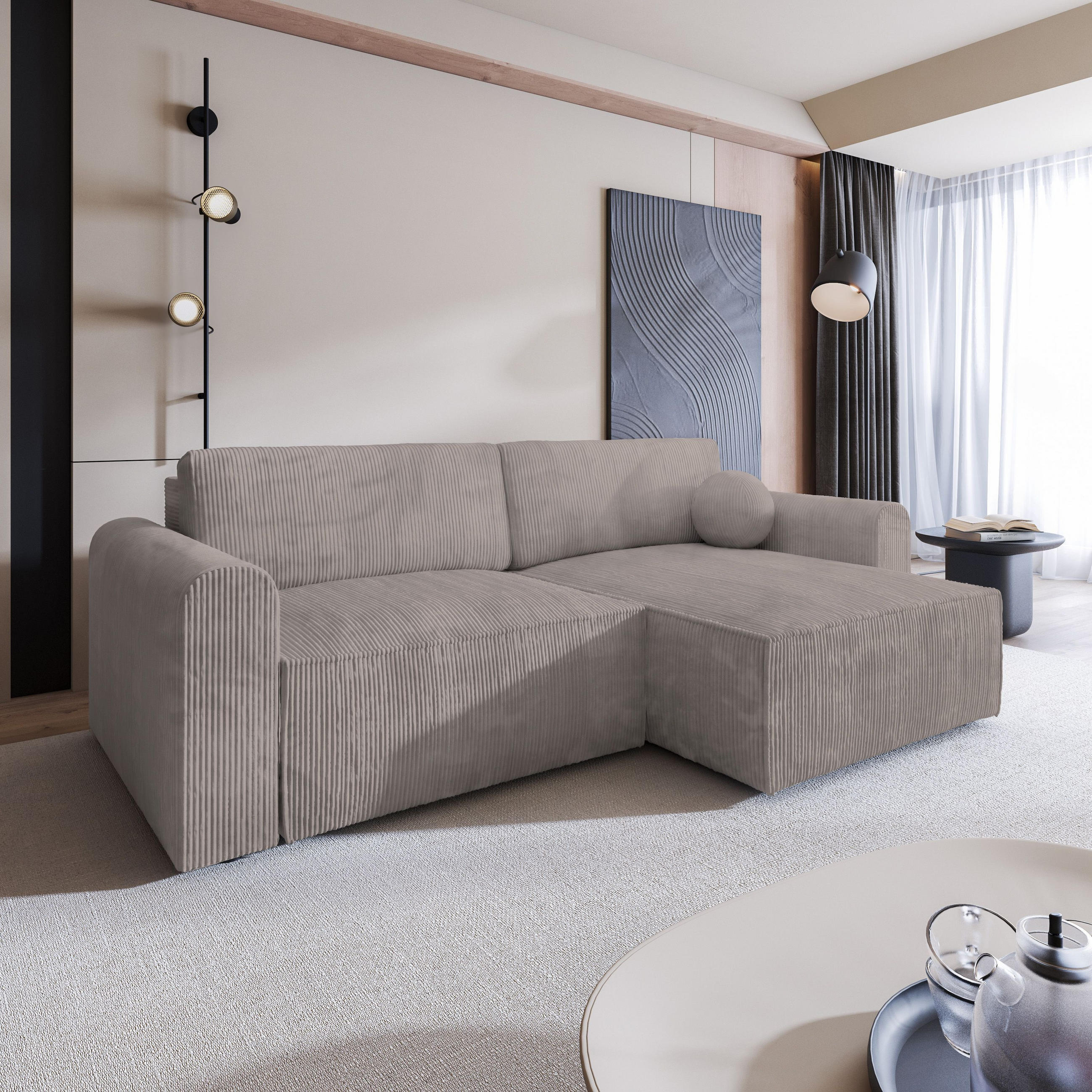 ECKSOFA FIANO P Beige Kordstoff mit Schlaffunktion - Beige, Holz (245/148cm) - MASSENO