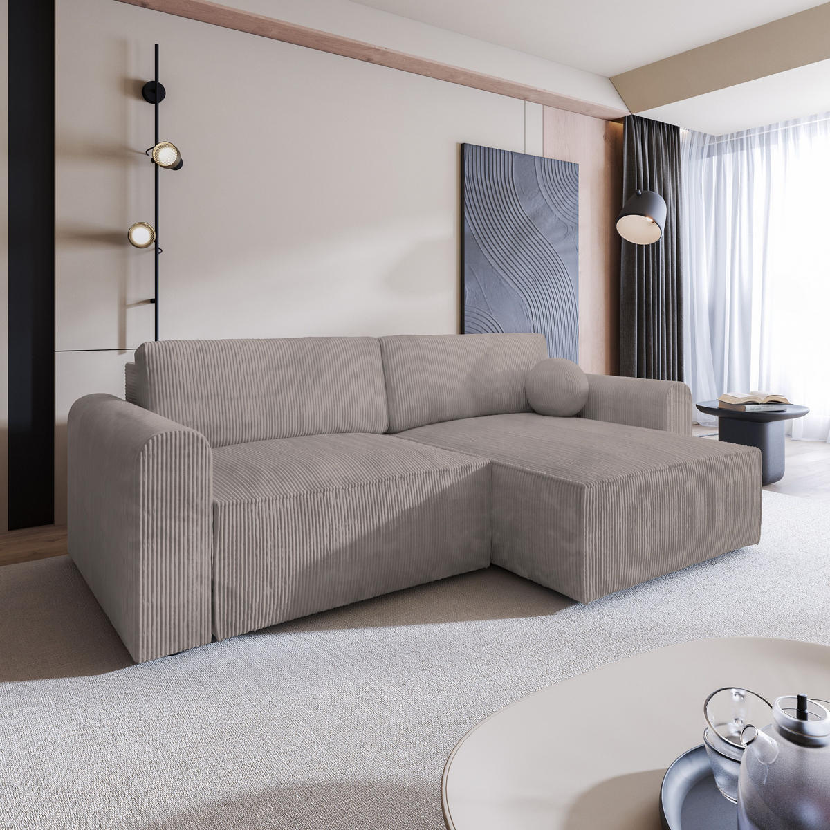 ECKSOFA FIANO P Beige Kordstoff mit Schlaffunktion - Beige, Holz (245/148cm) - MASSENO