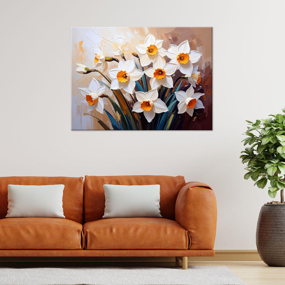 LEINWANDBILD Narzissen Blumen auf abstraktem beigem Hintergrund 100x70cm - Beige, Textil (100/70cm) - Feeby