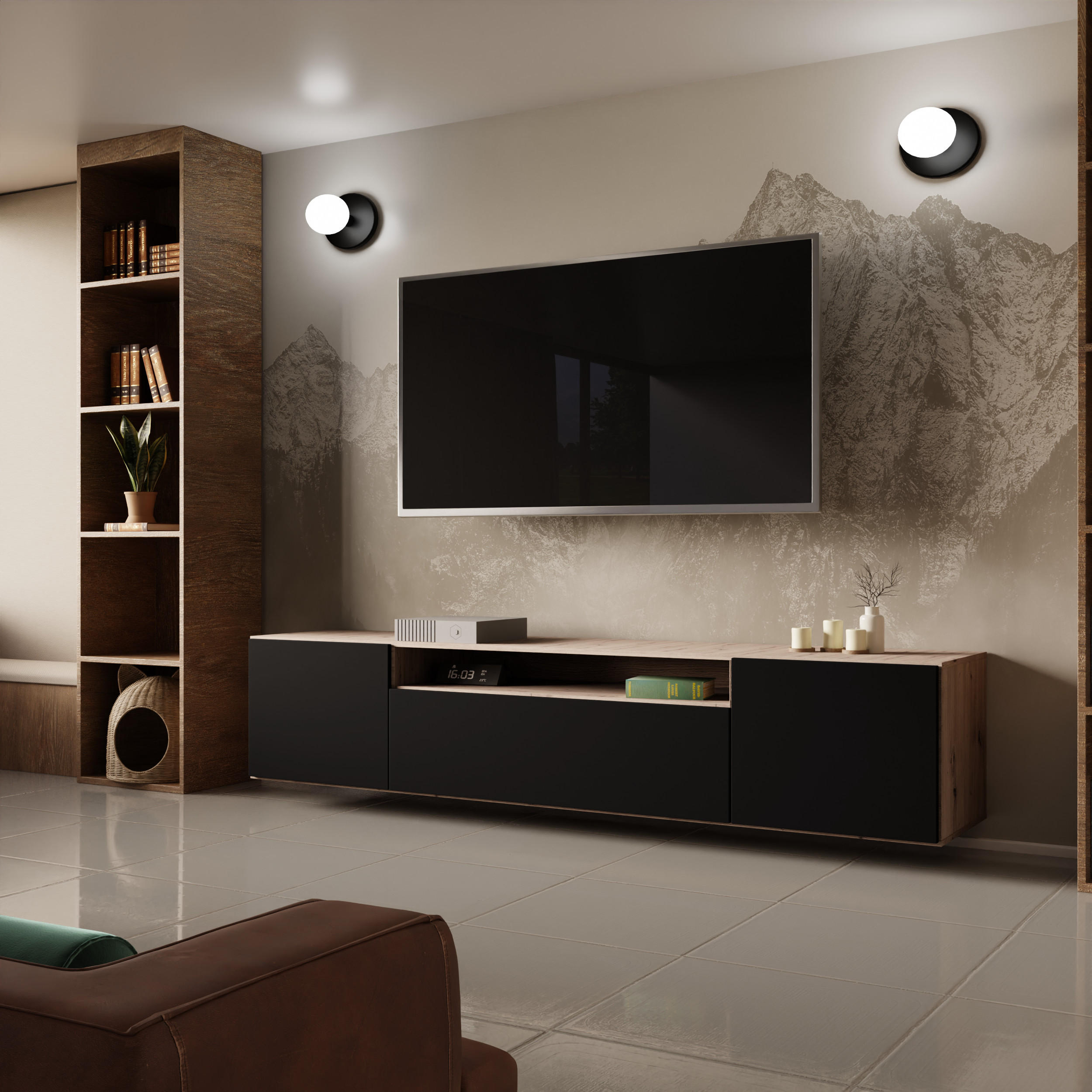 TV-SCHRANK LIO - Schwarz/Eiche Artisan, Holzwerkstoff (200/40/41cm) - Meblini