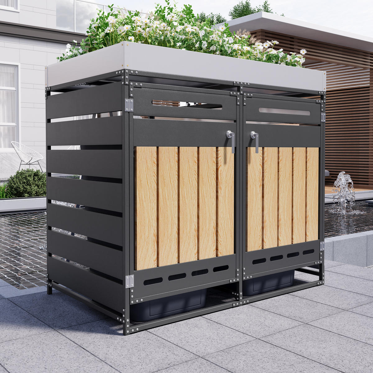 MÜLLTONNENBOX Pflanzkasten Holzoptik Belüftung Schloss - Schwarz, Metall (131/120/79cm) - LEBENLANG