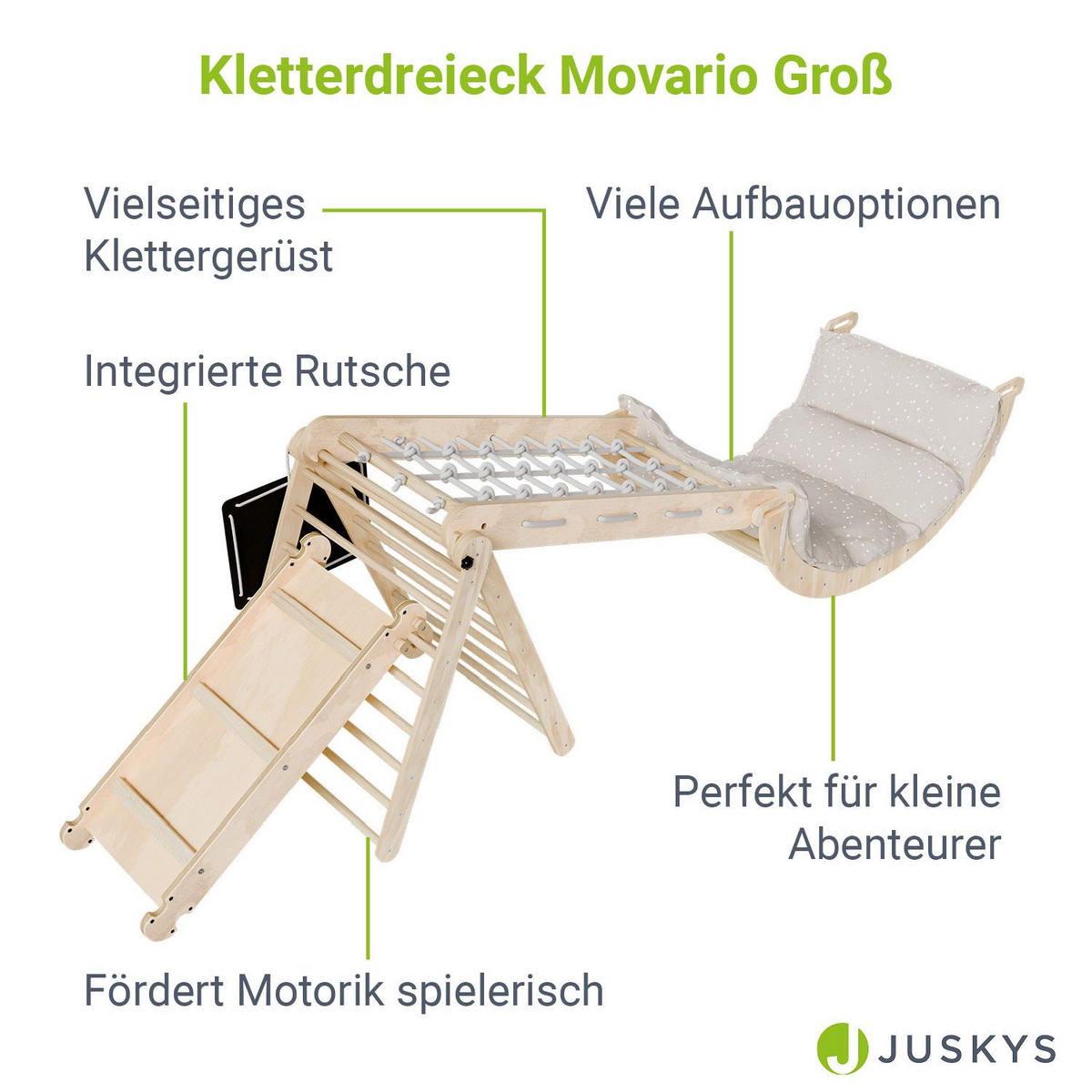 KLETTERDREIECK Movario mit Kissen 80x50cm - Groß - Naturfarben, Holz (56/101/54cm) - Juskys