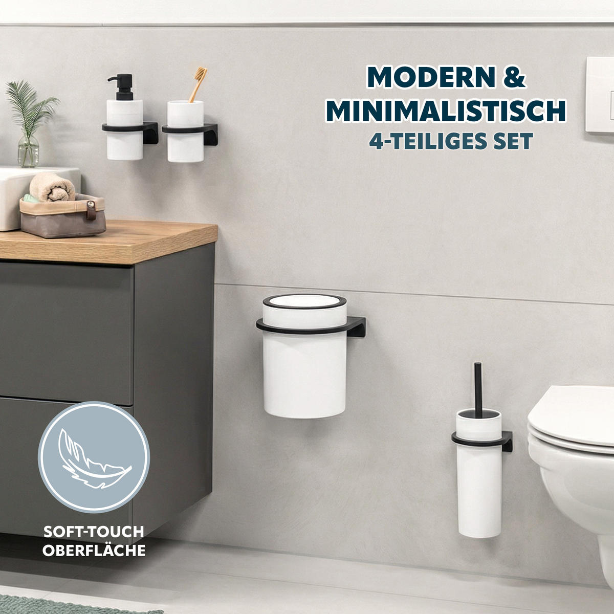 BAD-ACCESSOIRES-SET (4er-Set) SAVONA, Soft-Touch, weiß - Weiß, Kunststoff (19/24.5/19cm) - bremermann