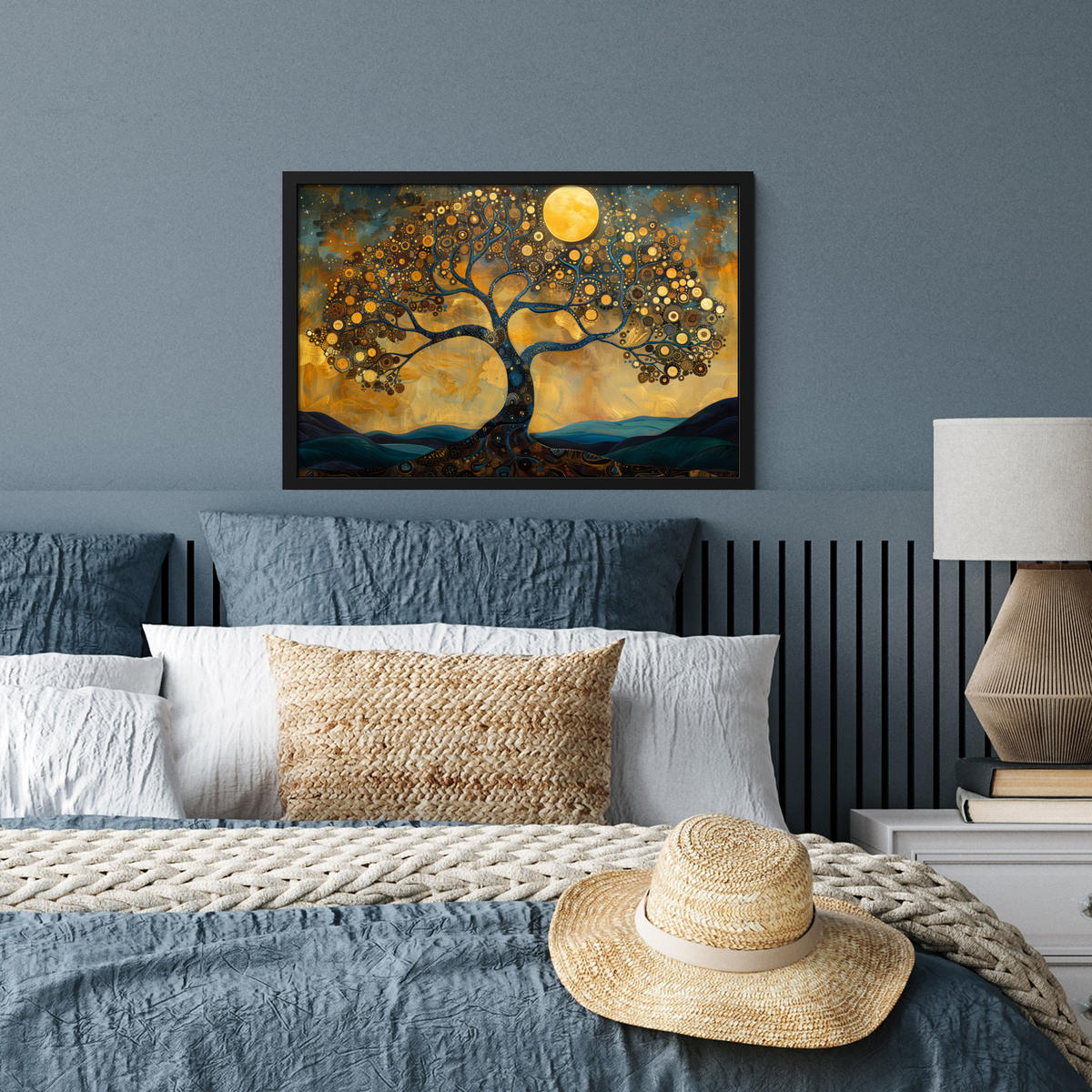 POSTER MIT RAHMENGERAHMTES BILD Baum - Mond - Blumen - Gold - Kunst 60x40 cm - Orange, Papier (60/40cm) - MuchoWow