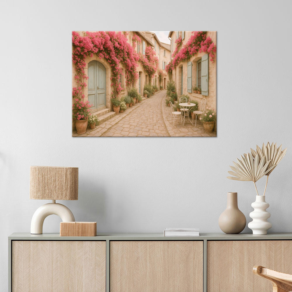 LEINWANDBILD Italienische Straße mit Blumen Shabby Chic 120x80cm - Beige, Textil (120/80cm) - Feeby