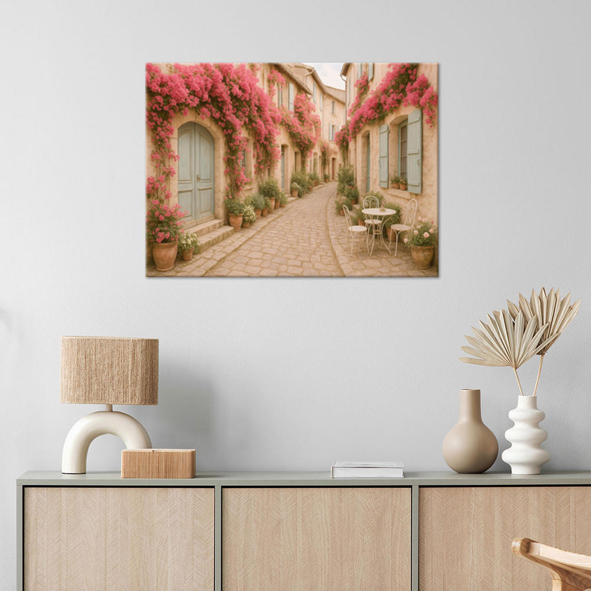 LEINWANDBILD Italienische Straße mit Blumen Shabby Chic 120x80cm - Beige, Textil (120/80cm) - Feeby