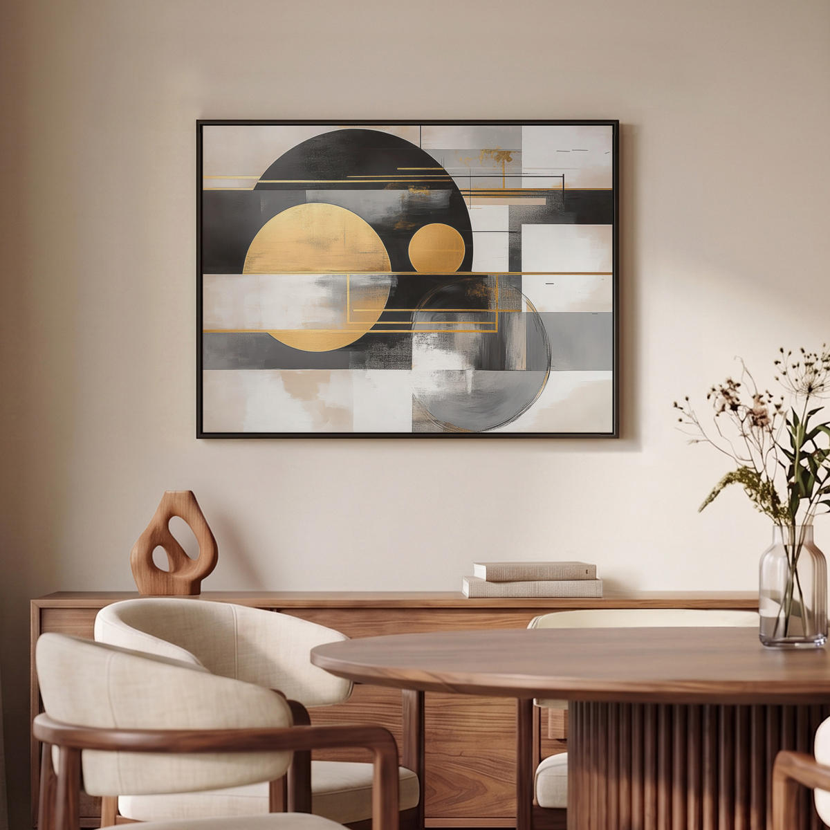 LEINWAND Bilder mit Rahmen - Abstrakt - Gold - Silber - Formen - Ästhetisch - Modern - 80x60 - Goldfarben, Textil (80/60cm) - MuchoWow
