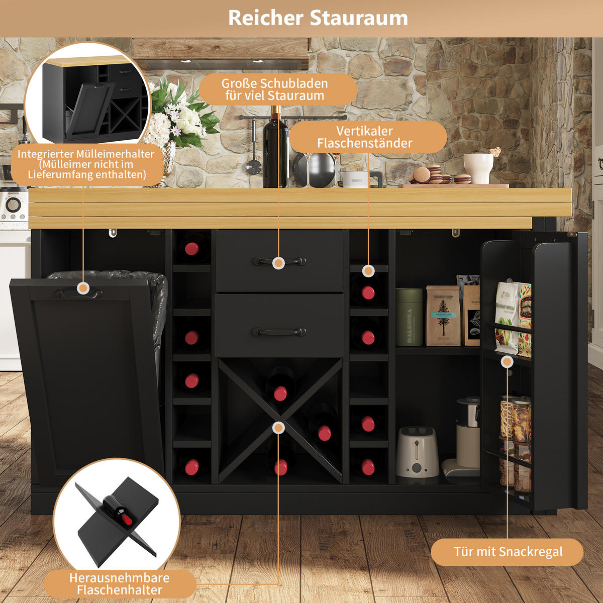 KÜCHENINSEL 360° Drehbar Ausziehbar Stauraum Weiß Schwarz - Schwarz, Metall (120/73.8/40cm) - FLIEKS