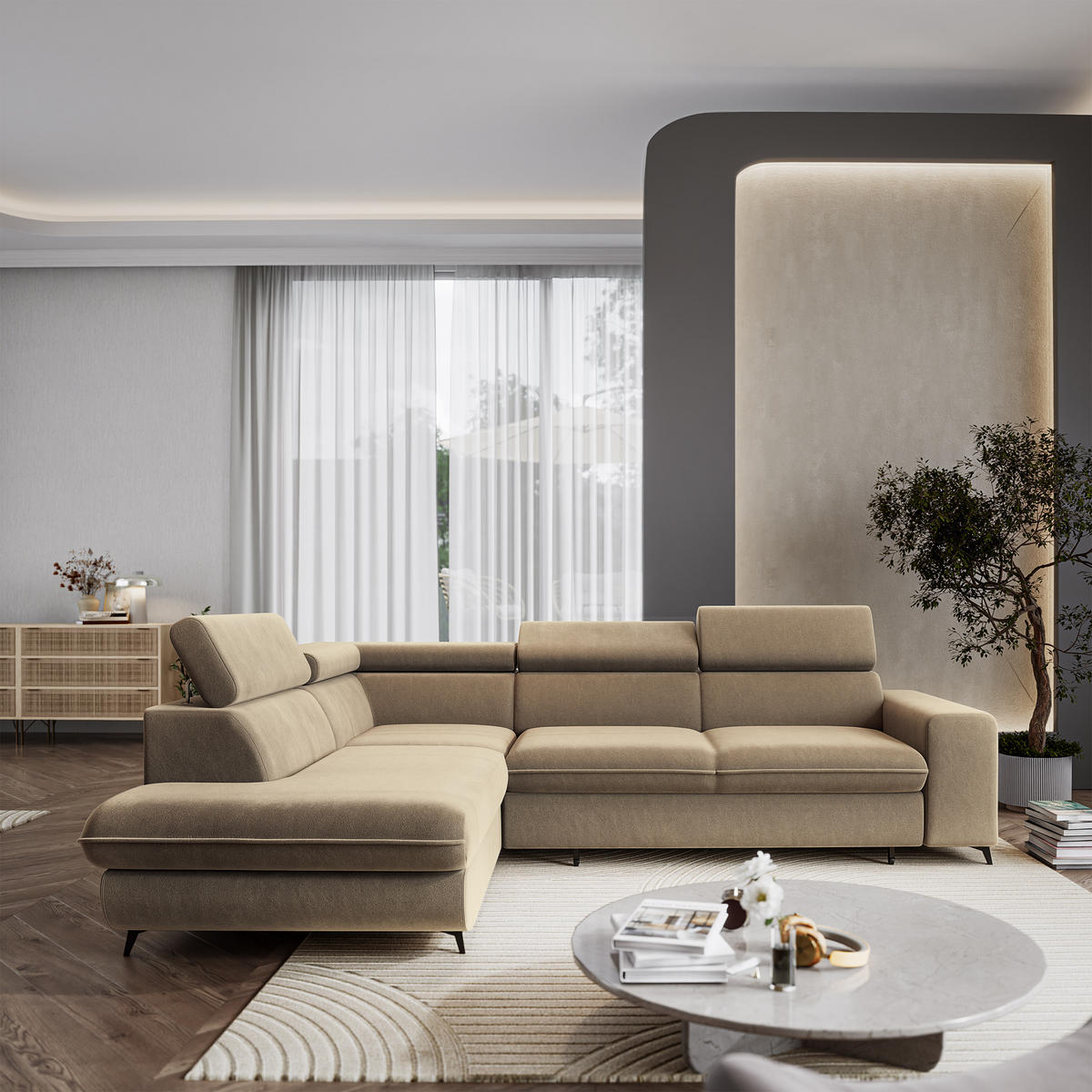 ECKSOFA VELISS Beige Veloursstoff mit Schlaffunktion - Beige, Holz (255/193cm) - MASSENO